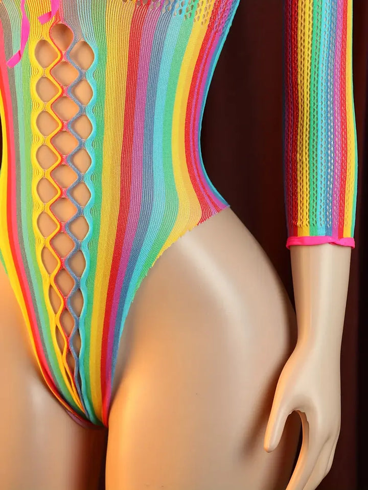 Women Sexy One-Piece Underwear Stockings Seductive Hollowed Out Rainbow Color Striped One-Piece Mesh Women'S Erotic Costumes Erotic Bodysuit, Bodystocking