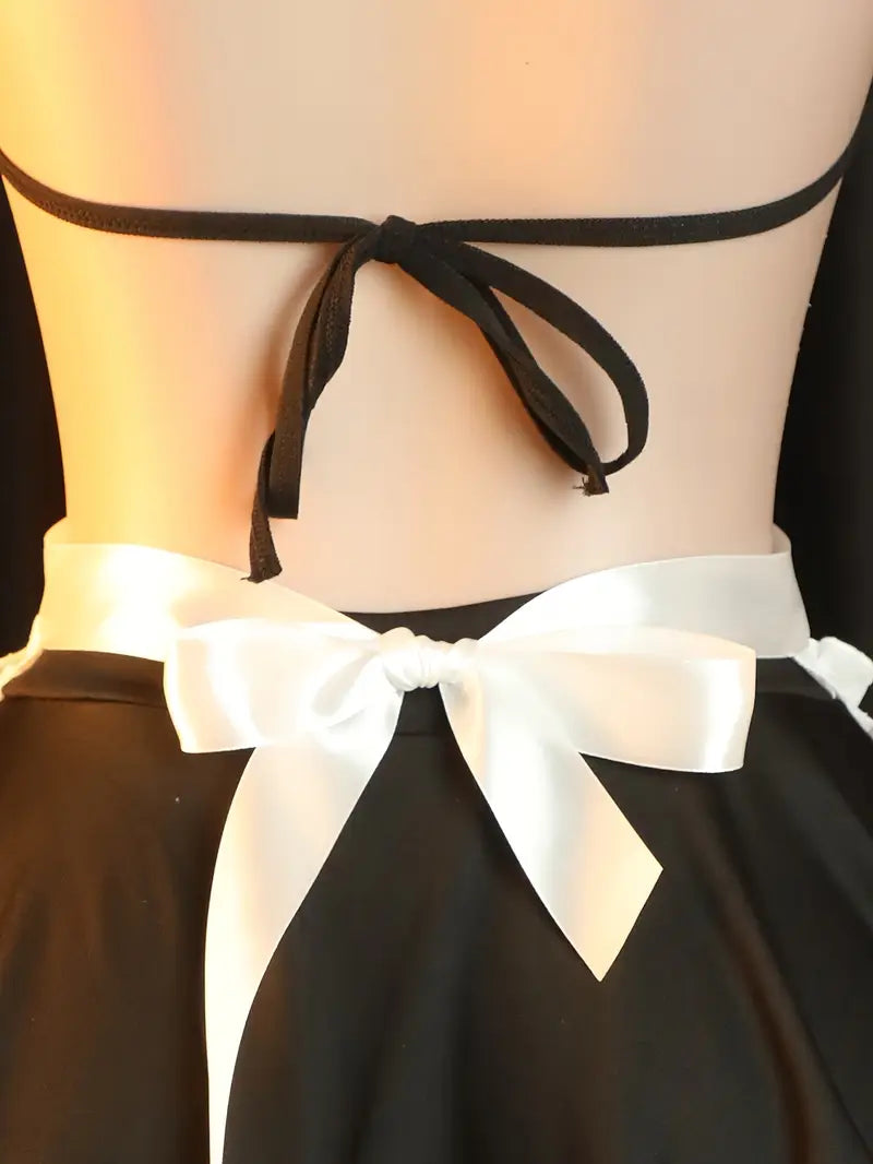Sexy lingerie maid outfit with ties, sheer uniform for temptation, cute sleepwear role play passionate set, open-crotch, bold erotic clothing, revealing exotic tempting lingerie.