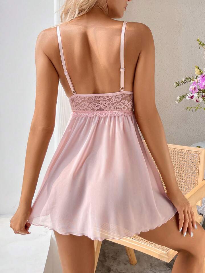 Adsexy Contrast Lace Tie Front Mesh Slips Babydoll Sleepwear