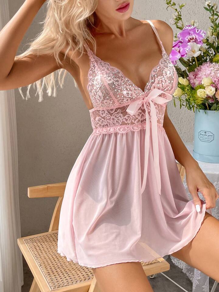 Adsexy Contrast Lace Tie Front Mesh Slips Babydoll Sleepwear