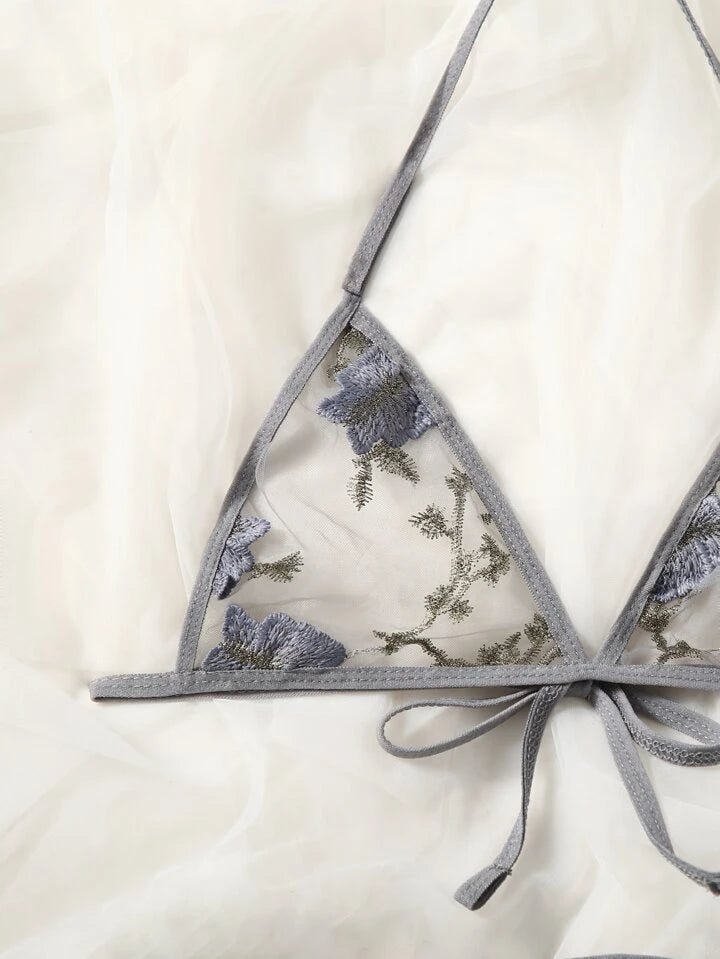 Adsexy Butterfly Embroidery Mesh Lingerie Set