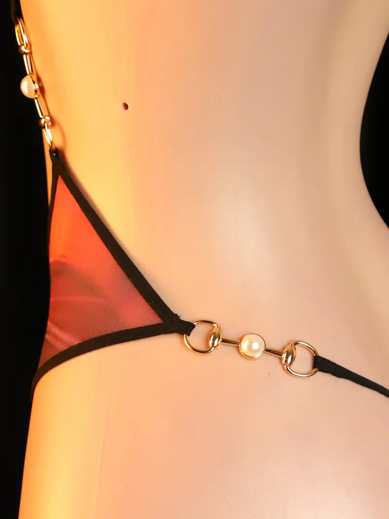 New Sexy Lingerie: Hollow-out Shiny Gold Metal Decor Bodysuit