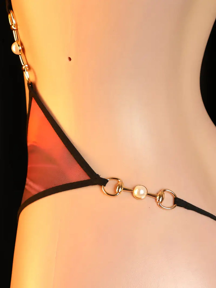 New Sexy Lingerie: Hollow-out Shiny Gold Metal Decor Bodysuit
