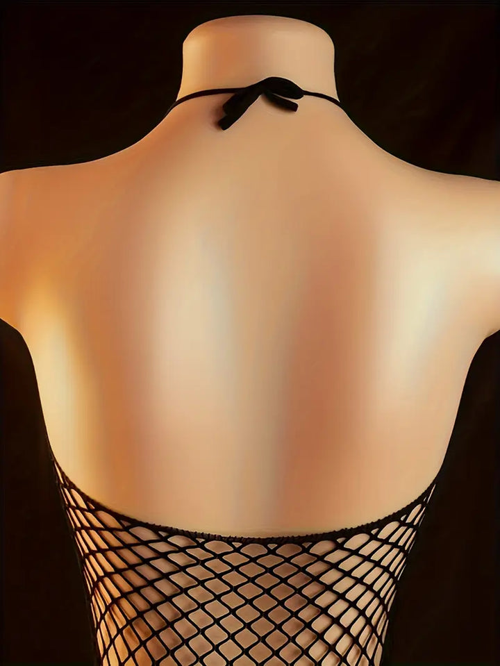 Plus size erotic underwear, open crotch halterneck fishnet cutout net, sexy big hole fishnet bodysuit, cutout see-through sleeveless large mesh tights, bold sexy lingerie black