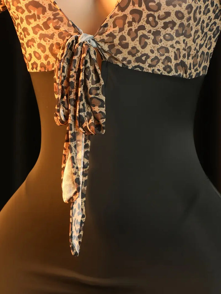 Sexy Dress Set Seductive Leopard Printed See-through Lace-up Skirt Women's Erotic Costume Sexy Dress Set