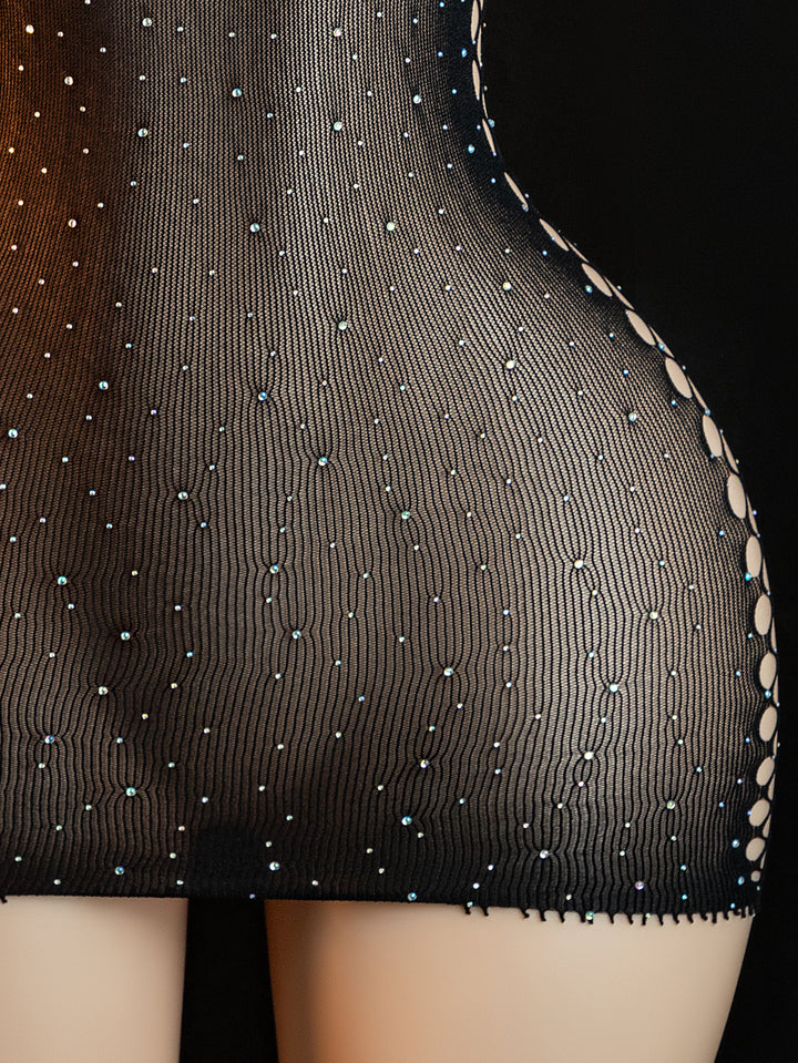 Lace side-slit mesh dress, sexy lingerie bodysuit, glittering crystal mesh semi-transparent solid color pajamas, close-fitting camisole dress.