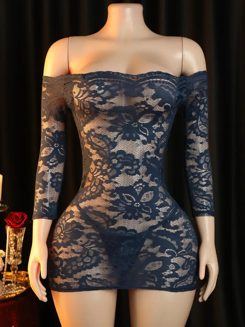 Women's sex doll costume two-piece, sexy semi-sheer jumpsuit off-shoulder hip skirt, sexy lace thong, a must-have for romantic nights and boudoir selfies
