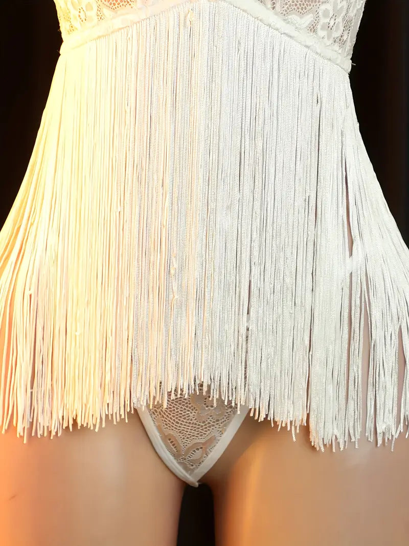 Sexy and hot lace sheer temptation with tassels camisole dress, big back exposure nightgown, passionate bed outfit, revealing sexy doll dress, bold lingerie, exotic and enticing mesh underwear in white.