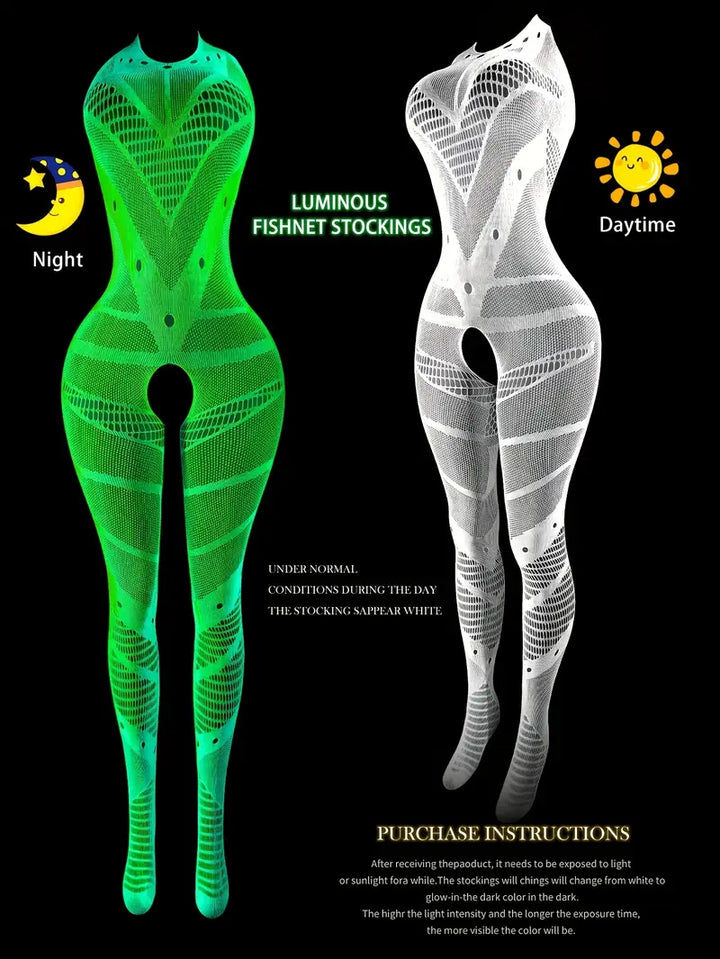 Sexy one-piece suit, luminous green open-crotch bodysuit that glows in the dark