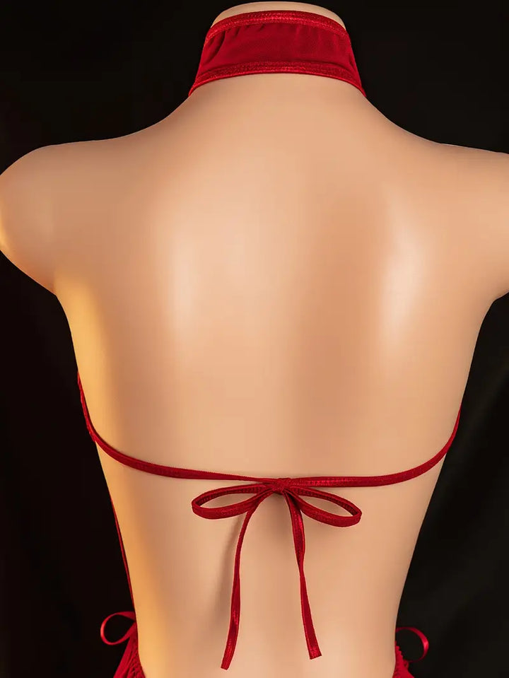 Lingerie: Sexy red tassel lace side cut-out off-shoulder dress