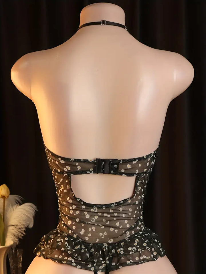 Sexy one-piece dress Sexy black see-through net pure temptation daisy pattern design jumpsuit