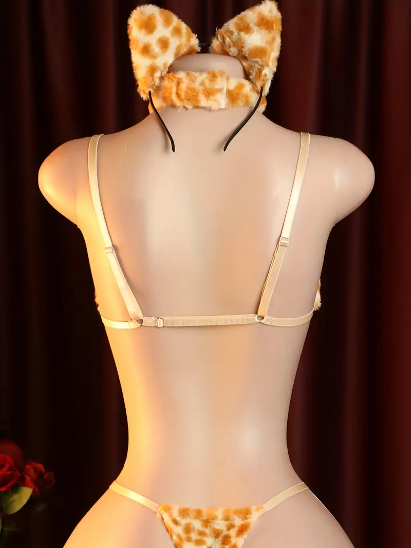 Sexy women's leopard print lingerie set - 3-piece lace corset cosplay outfit with fluffy ears, bow, and garter, perfect for themed parties and cosplay, themed party costume