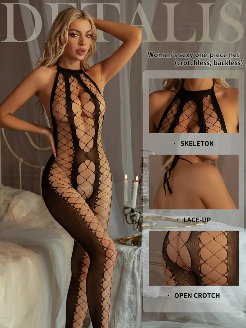 Plus size erotic underwear, crotch halterneck large mesh backless jumpsuit breast-baring see-through mesh suit, sexy big loophole fishnet jumpsuit, chest cut-out sleeveless large mesh tights, bold exposure exotic seductive underwear black