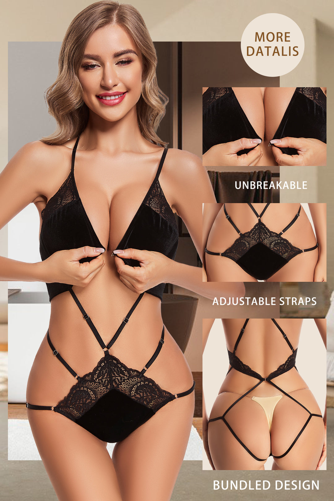 Adsexy Strappy Teddy Deep V Babydoll Bra y Panty Set